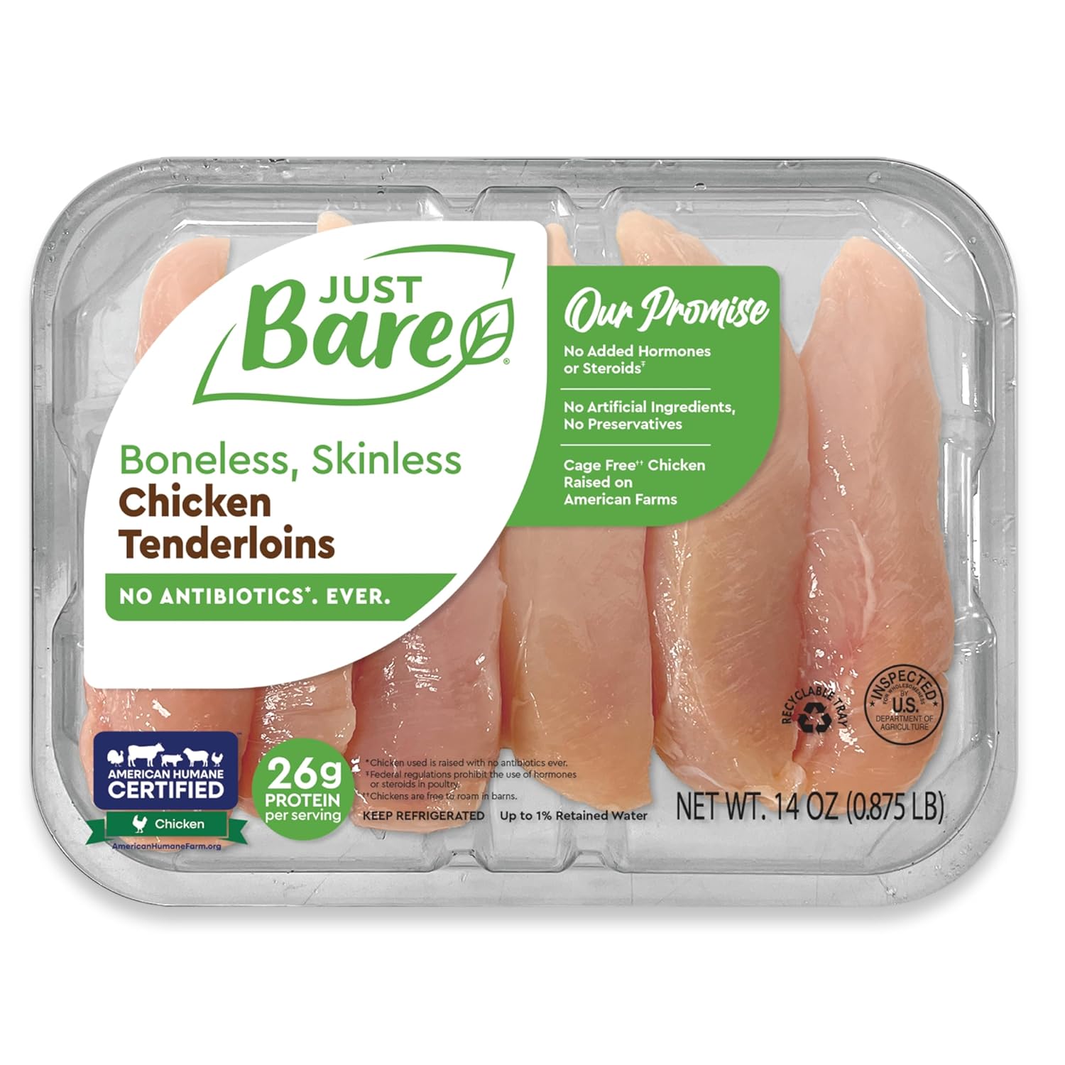 Just Bare® Natural Fresh Chicken Tenders | Antibiotic Free | Boneless | Skinless | 0.88 LB