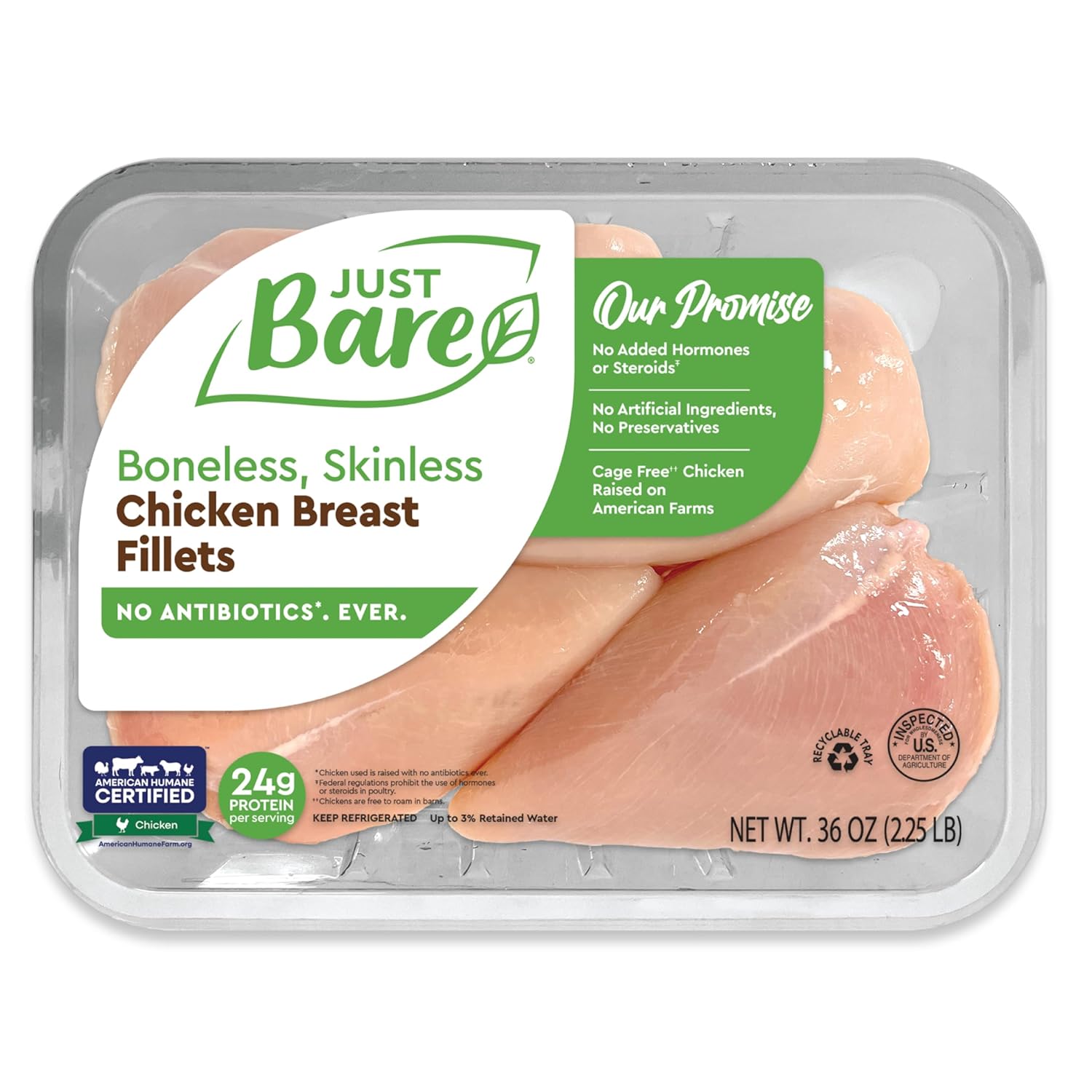 Just Bare® Natural Fresh Chicken Breast Fillets | Family Pack | No Antibiotics Ever | Boneless | Skinless | 2.25 LB