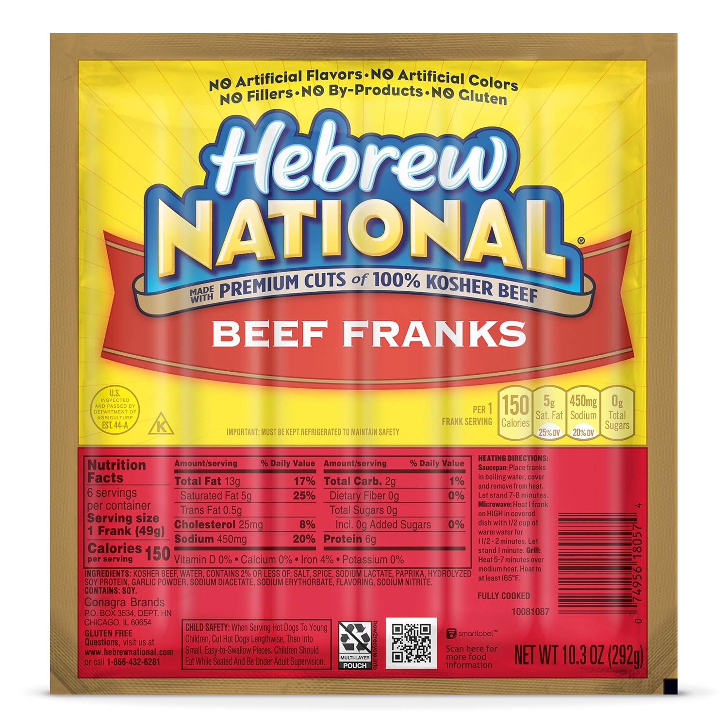 Hebrew National Beef Franks, 10.3 OZ, 6 Count Pack