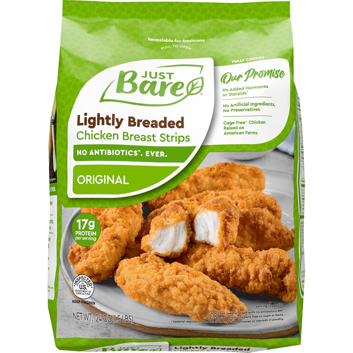 Just Bare Lightly Breaded Chicken Breast Strips | Fully Cooked | 16G Protein |Frozen | 1.50 LB