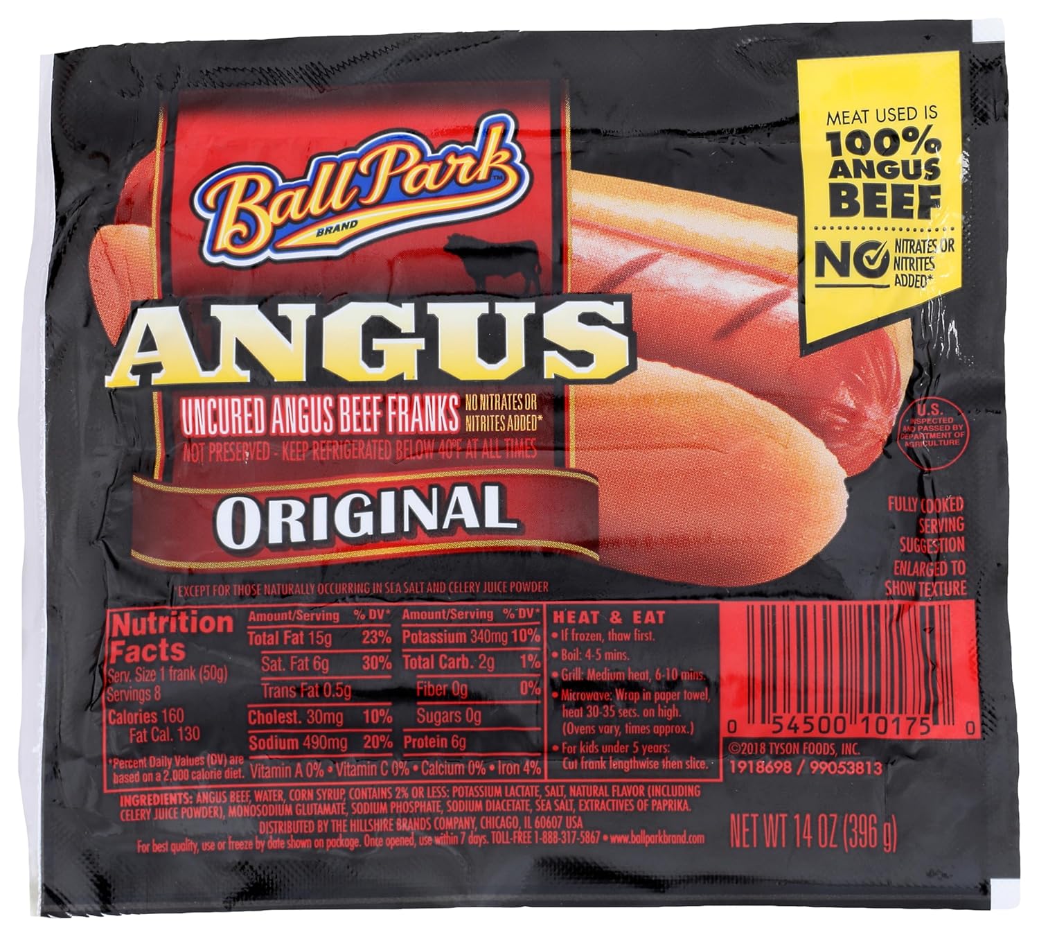 Ball Park Angus Beef Hot Dogs, Original Length, 8 Count