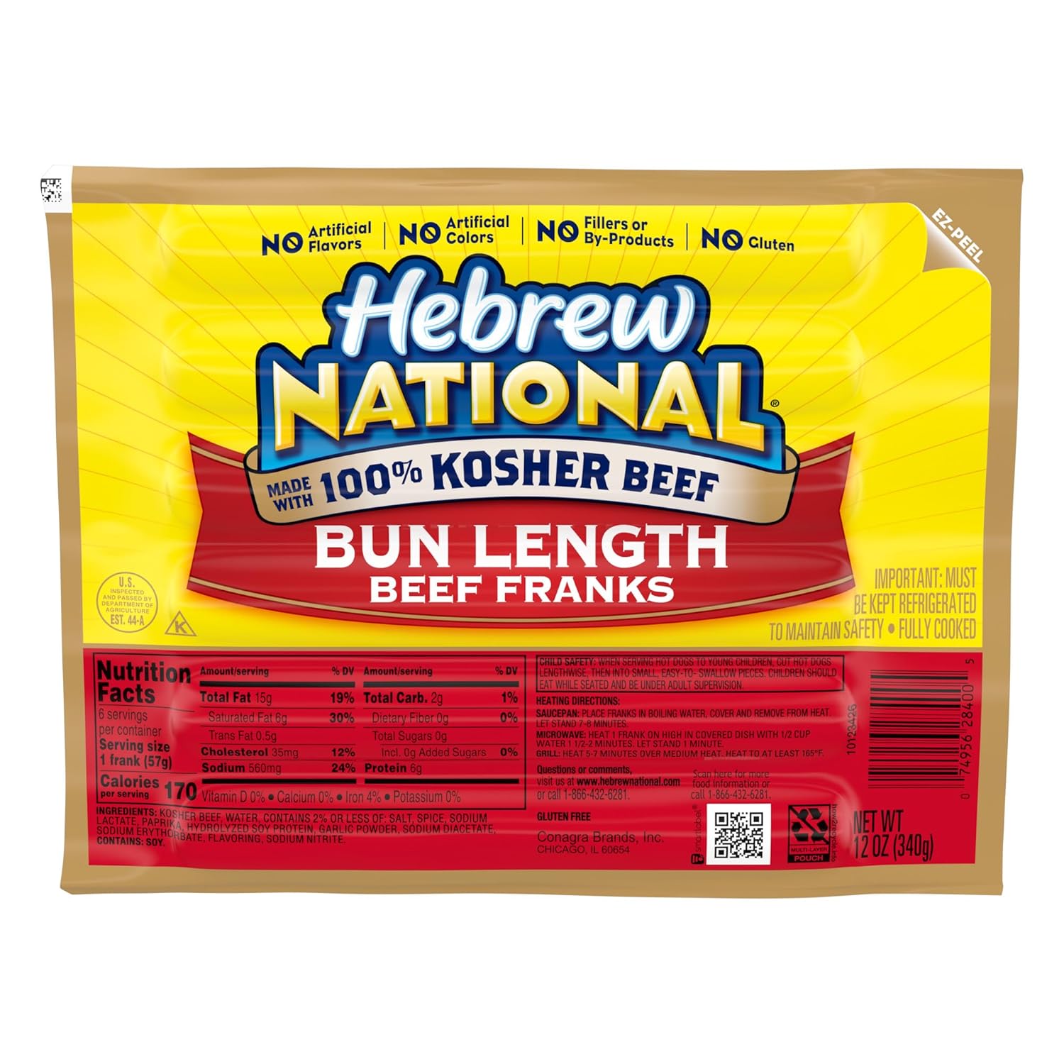 Hebrew National Bun Length Beef Franks, 12 OZ, 6 Count Pack