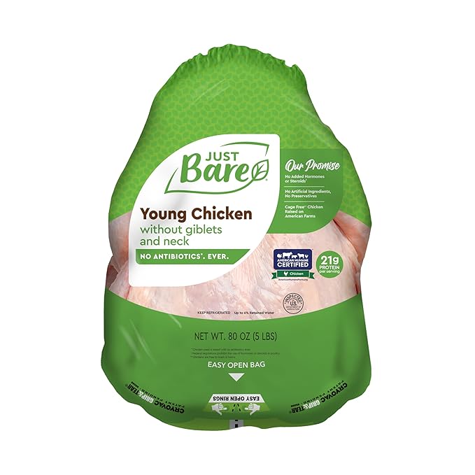 Just Bare Natural Fresh Whole Chicken | Antibiotic Free | Bone-In | Without Giblets & Neck | 5.0 LB