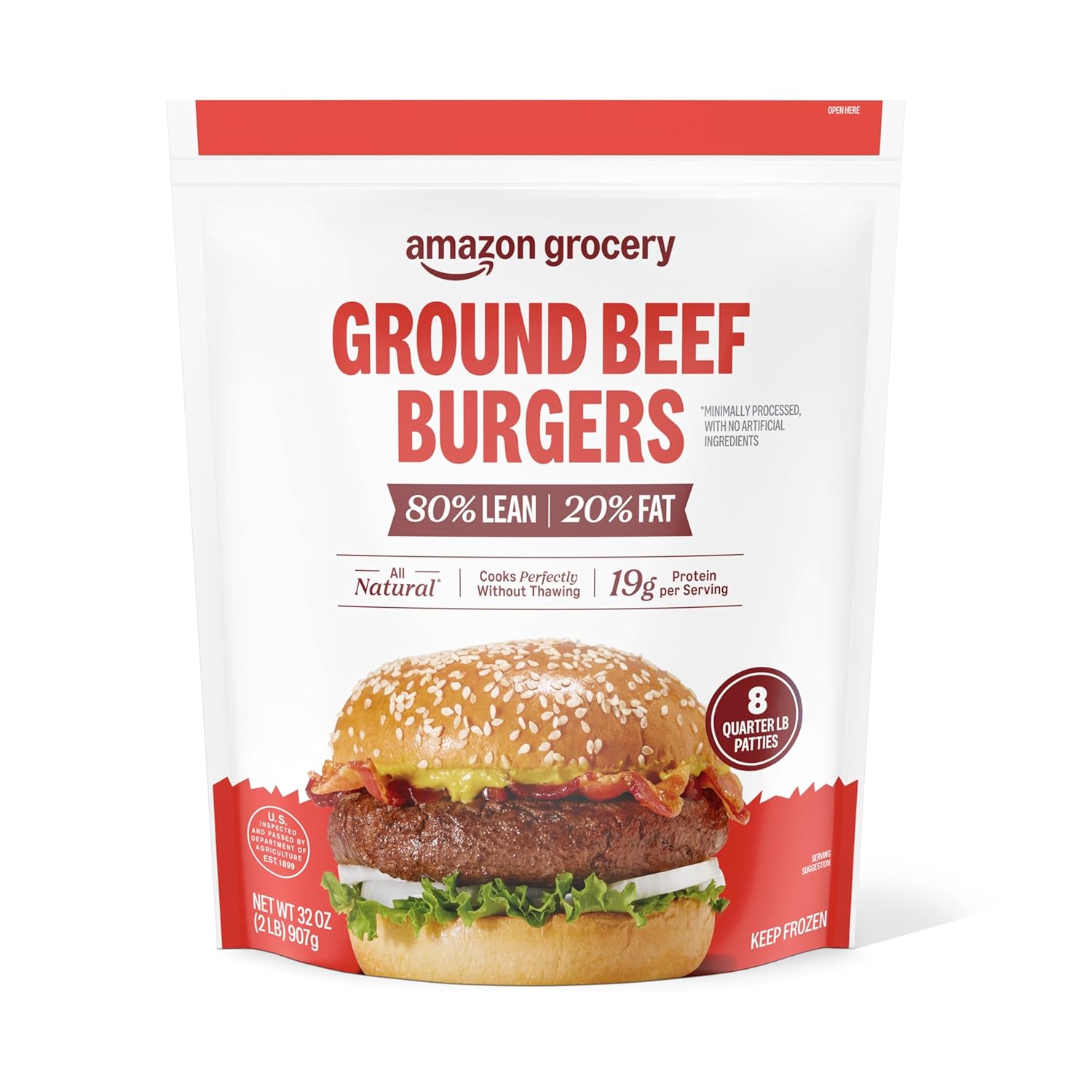 Amazon Grocery, Ground Beef Burgers, 80% Lean, 20% Fat, 32 Oz, 8 Ct, Frozen (Previously Fresh Brand, Packaging May Vary)