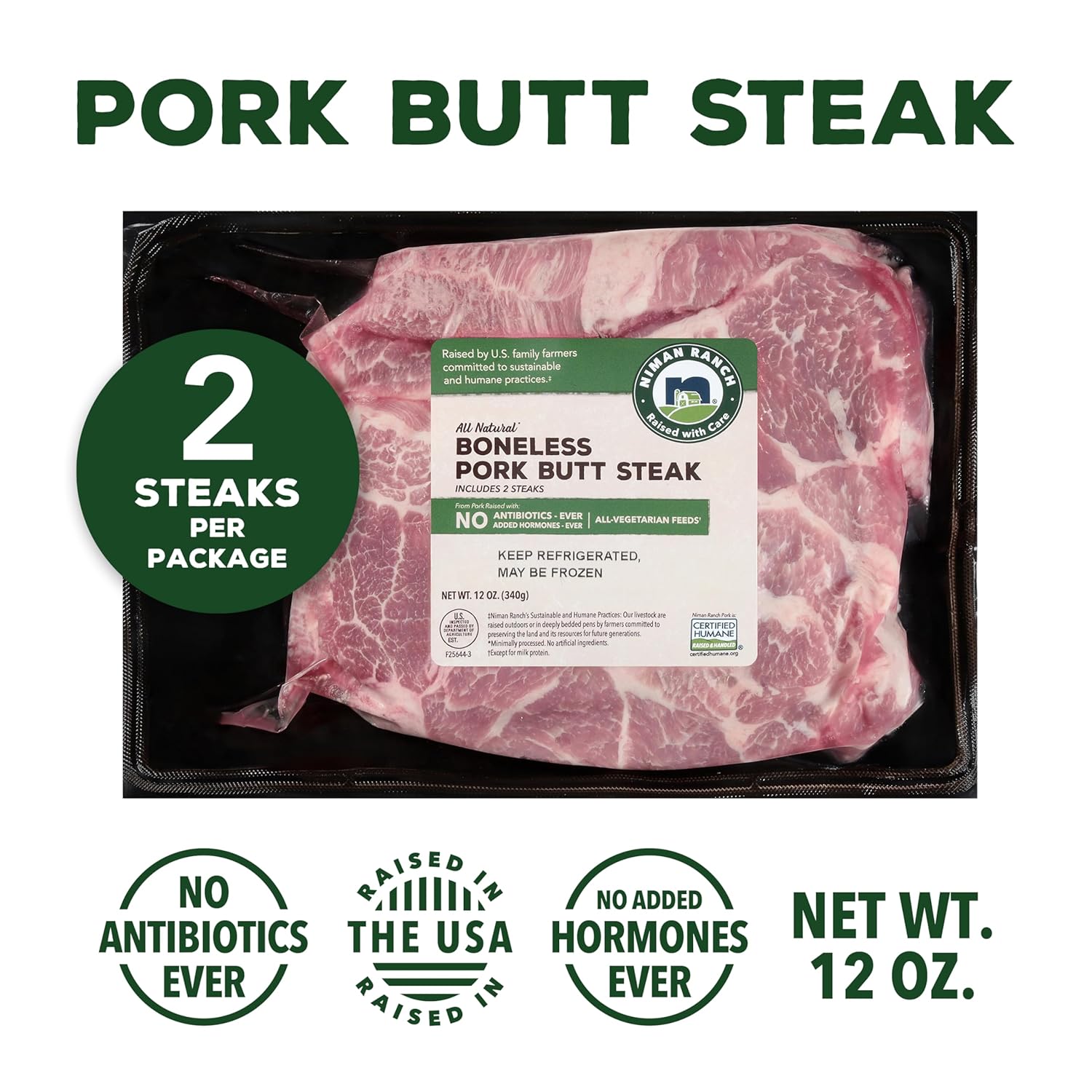 Niman Ranch, Pork Butt Steaks, Boneless, 12 oz, Pack of 2