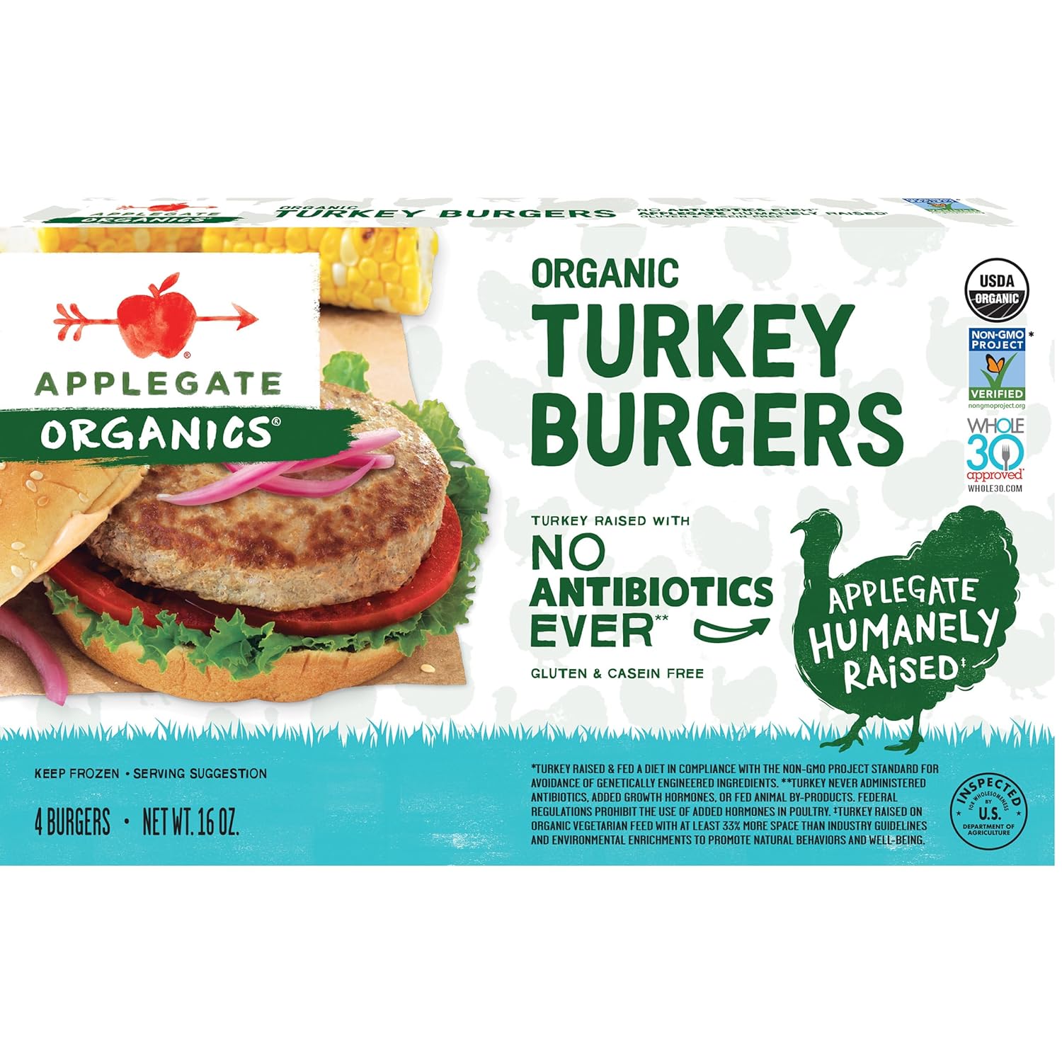 Applegate, Frozen Organic Turkey Burgers, 1 lb